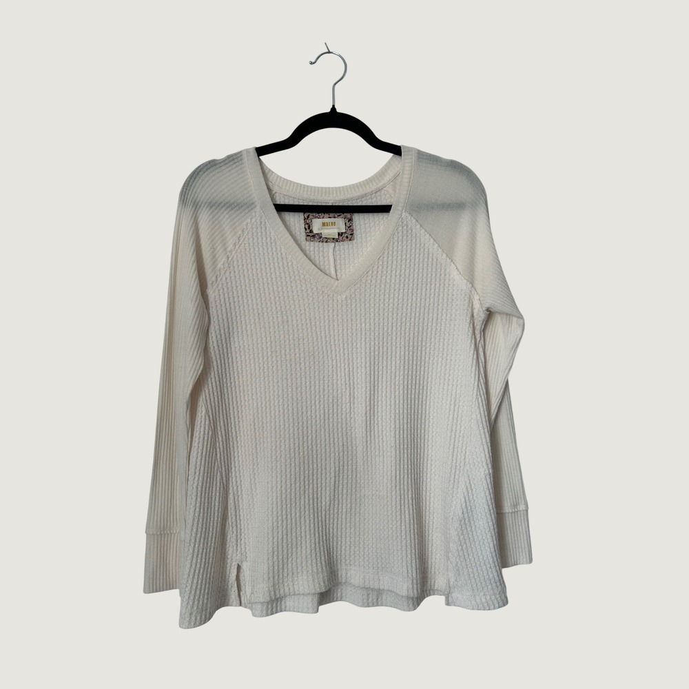 Maeve Anthropologie Top Size PM Cream Waffle Knit V-Neck Long Sleeve Lightweight